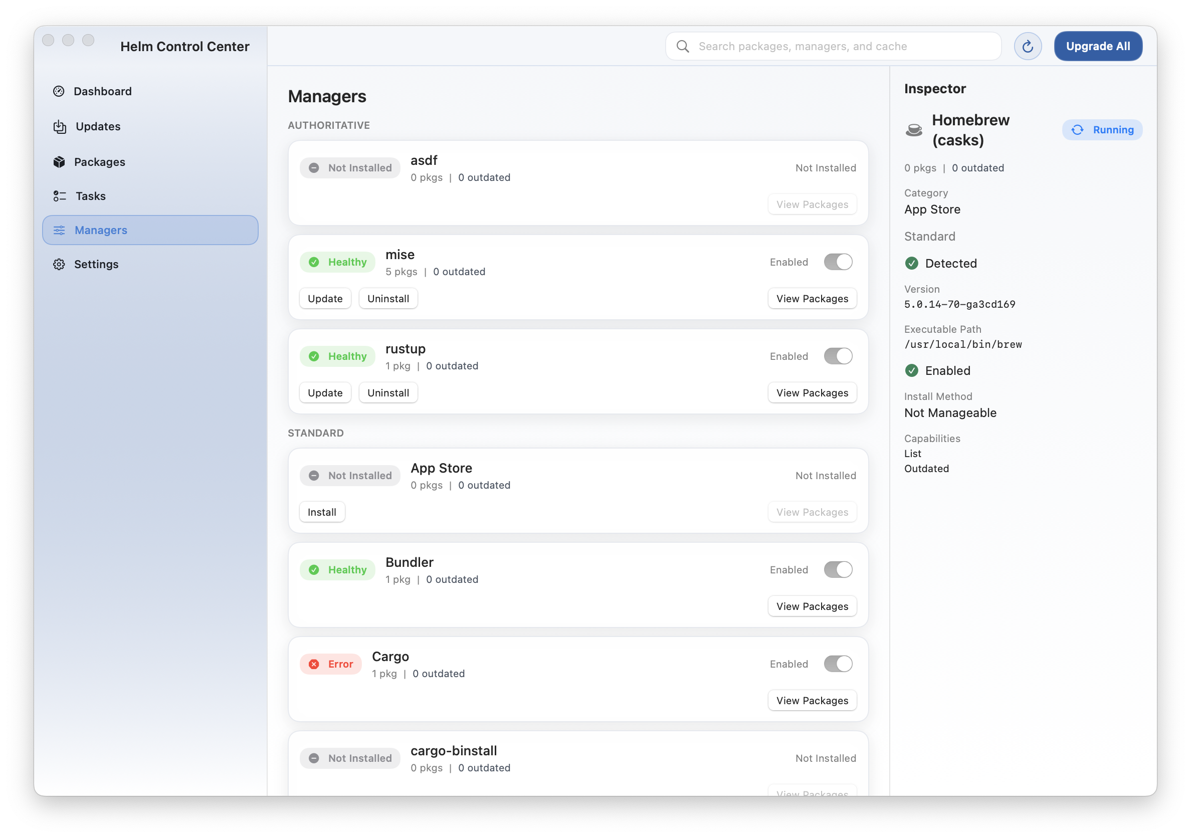 Managers tab showing health badges across package managers.