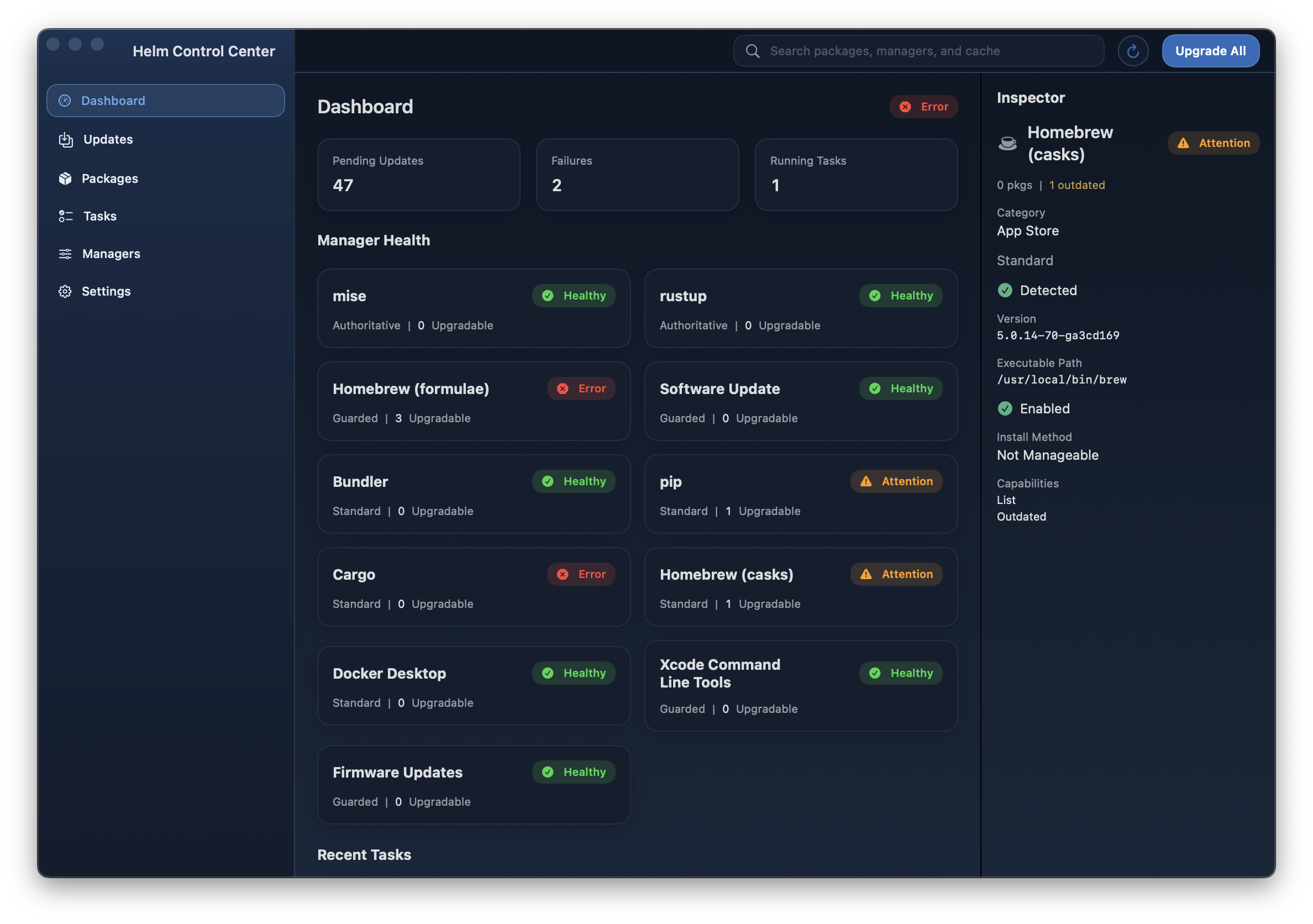 Control Center overview with health posture and manager grid.