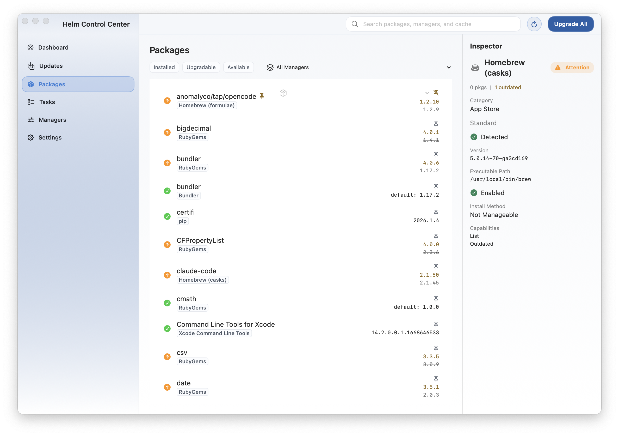 Packages tab with package list and filters.