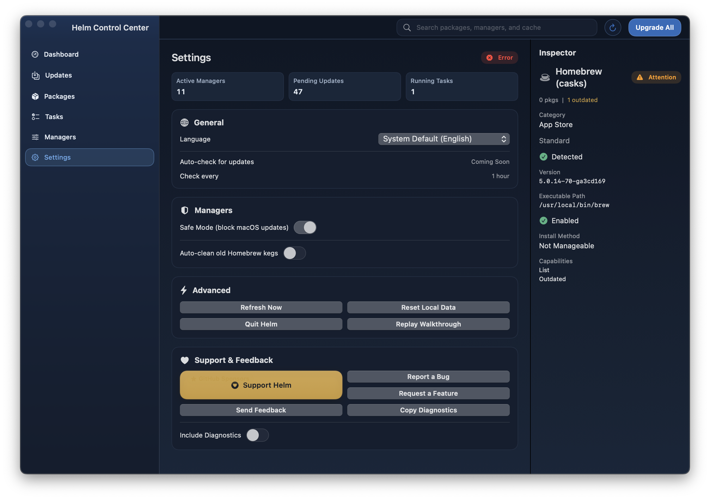 Settings tab with General, Managers, Advanced, and Support and Feedback cards.